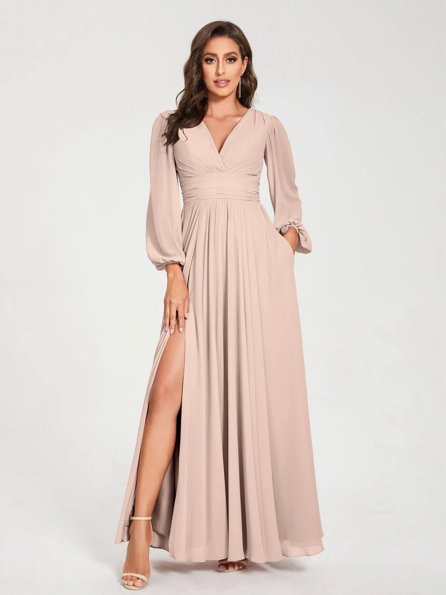 A-Line/Princess V-Neck Long Sleeves Split Side With Pockets Bridesmaid Dresses - Image 28