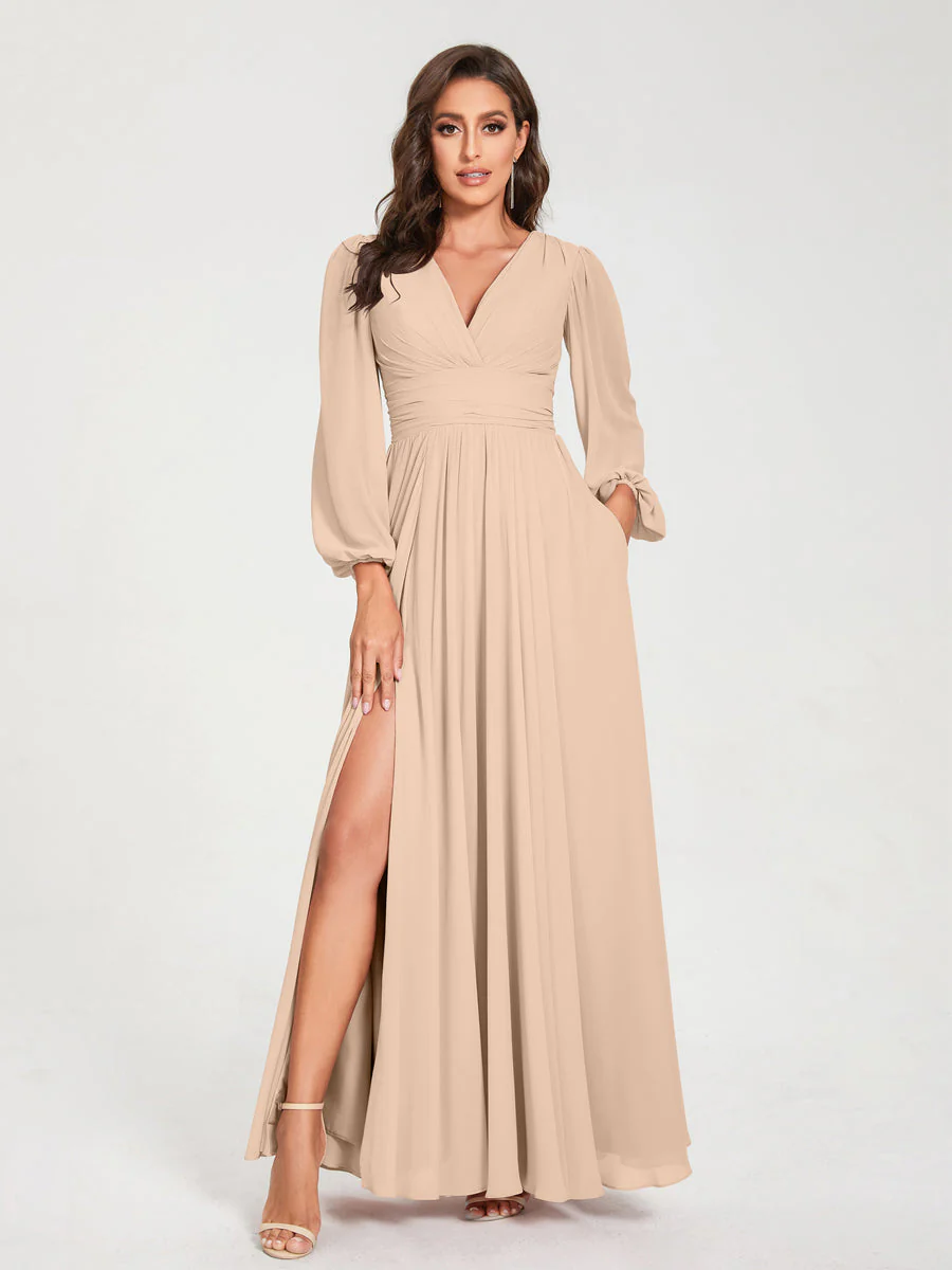A-Line/Princess V-Neck Long Sleeves Split Side With Pockets Bridesmaid Dresses - Image 29