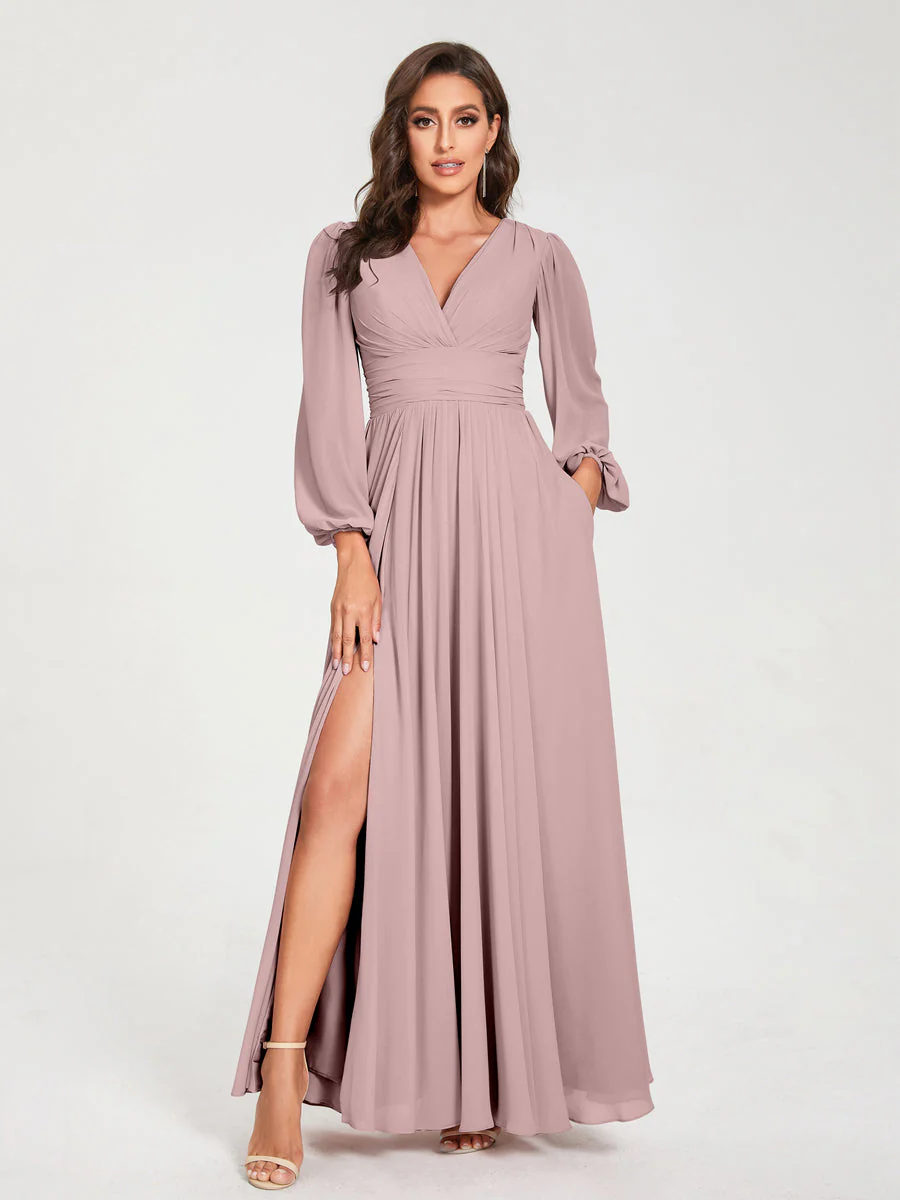 A-Line/Princess V-Neck Long Sleeves Split Side With Pockets Bridesmaid Dresses - Image 30