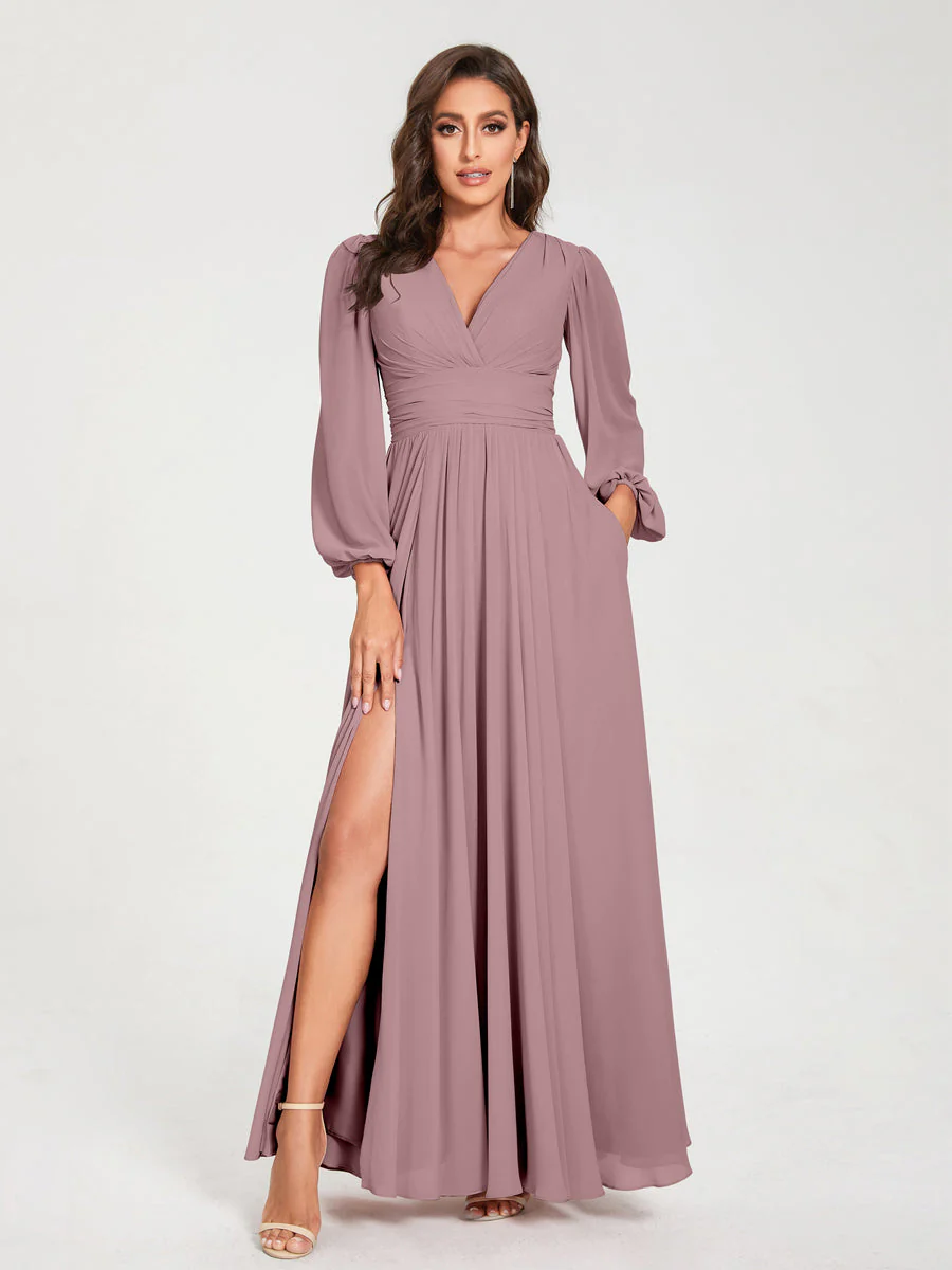 A-Line/Princess V-Neck Long Sleeves Split Side With Pockets Bridesmaid Dresses - Image 31