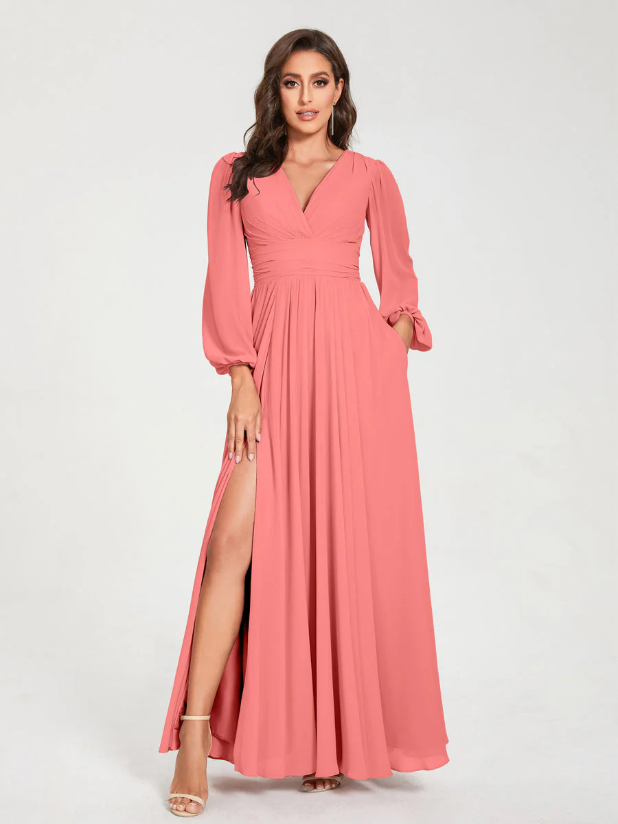 A-Line/Princess V-Neck Long Sleeves Split Side With Pockets Bridesmaid Dresses - Image 32