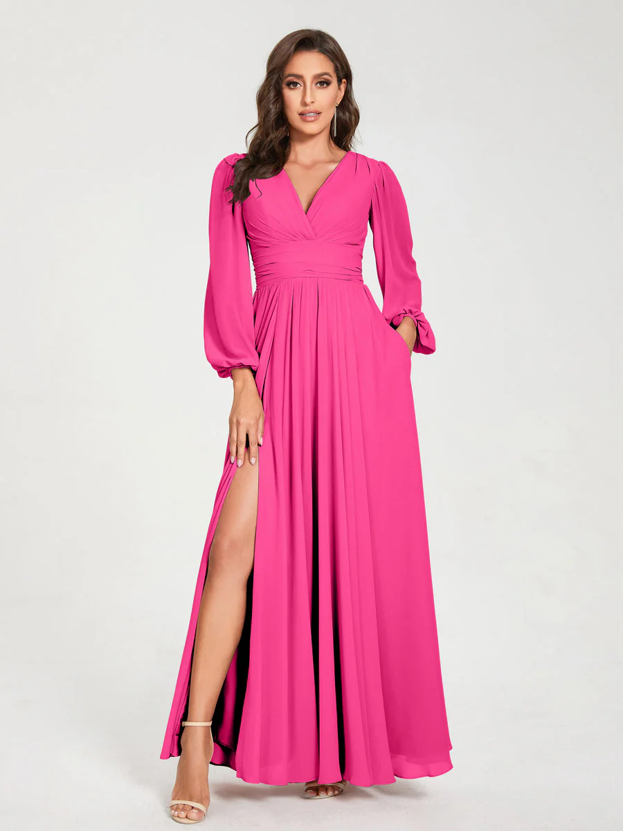 A-Line/Princess V-Neck Long Sleeves Split Side With Pockets Bridesmaid Dresses - Image 33