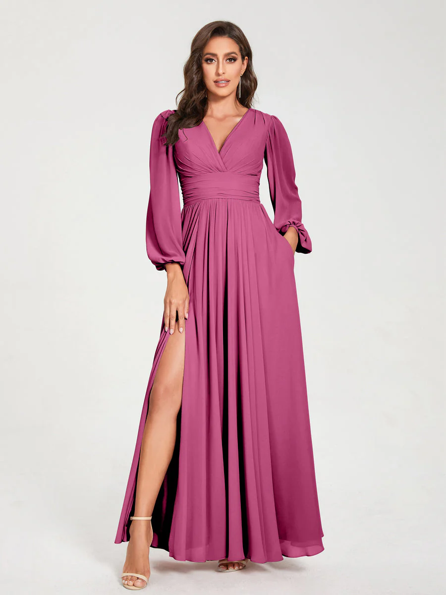A-Line/Princess V-Neck Long Sleeves Split Side With Pockets Bridesmaid Dresses - Image 35