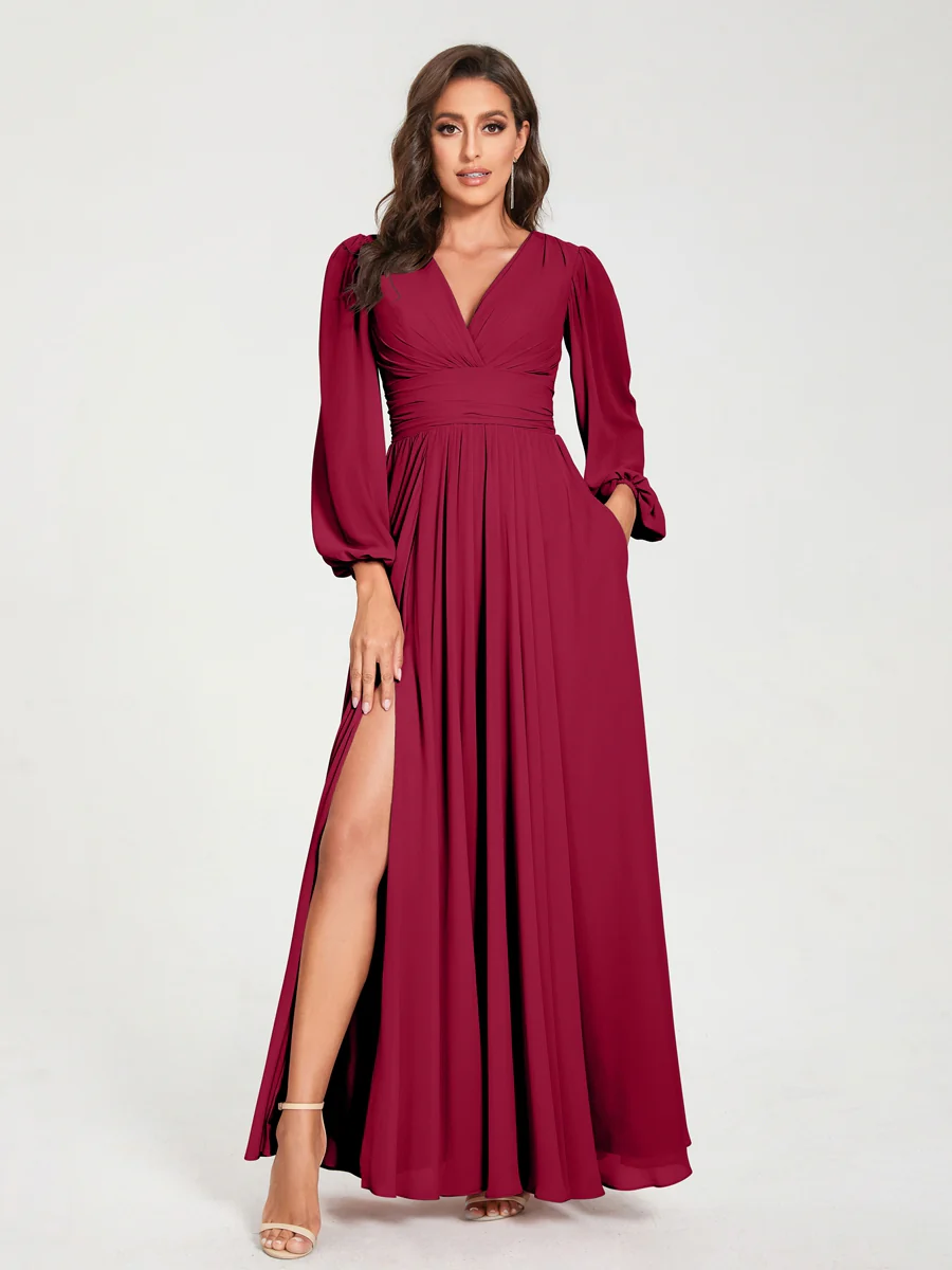 A-Line/Princess V-Neck Long Sleeves Split Side With Pockets Bridesmaid Dresses - Image 38