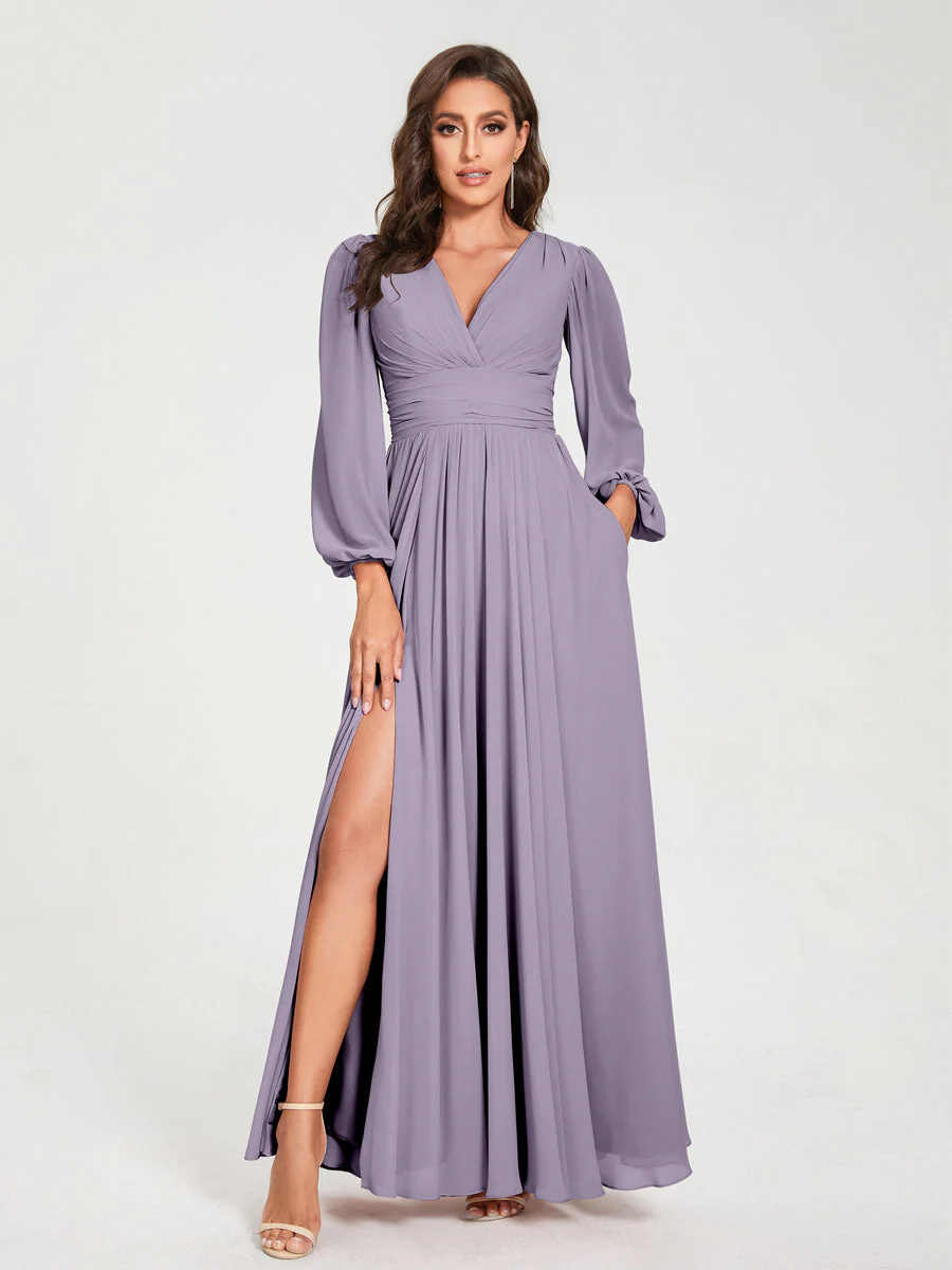A-Line/Princess V-Neck Long Sleeves Split Side With Pockets Bridesmaid Dresses - Image 39