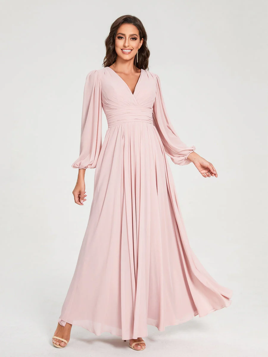 A-Line/Princess V-Neck Long Sleeves Split Side With Pockets Bridesmaid Dresses - Image 4