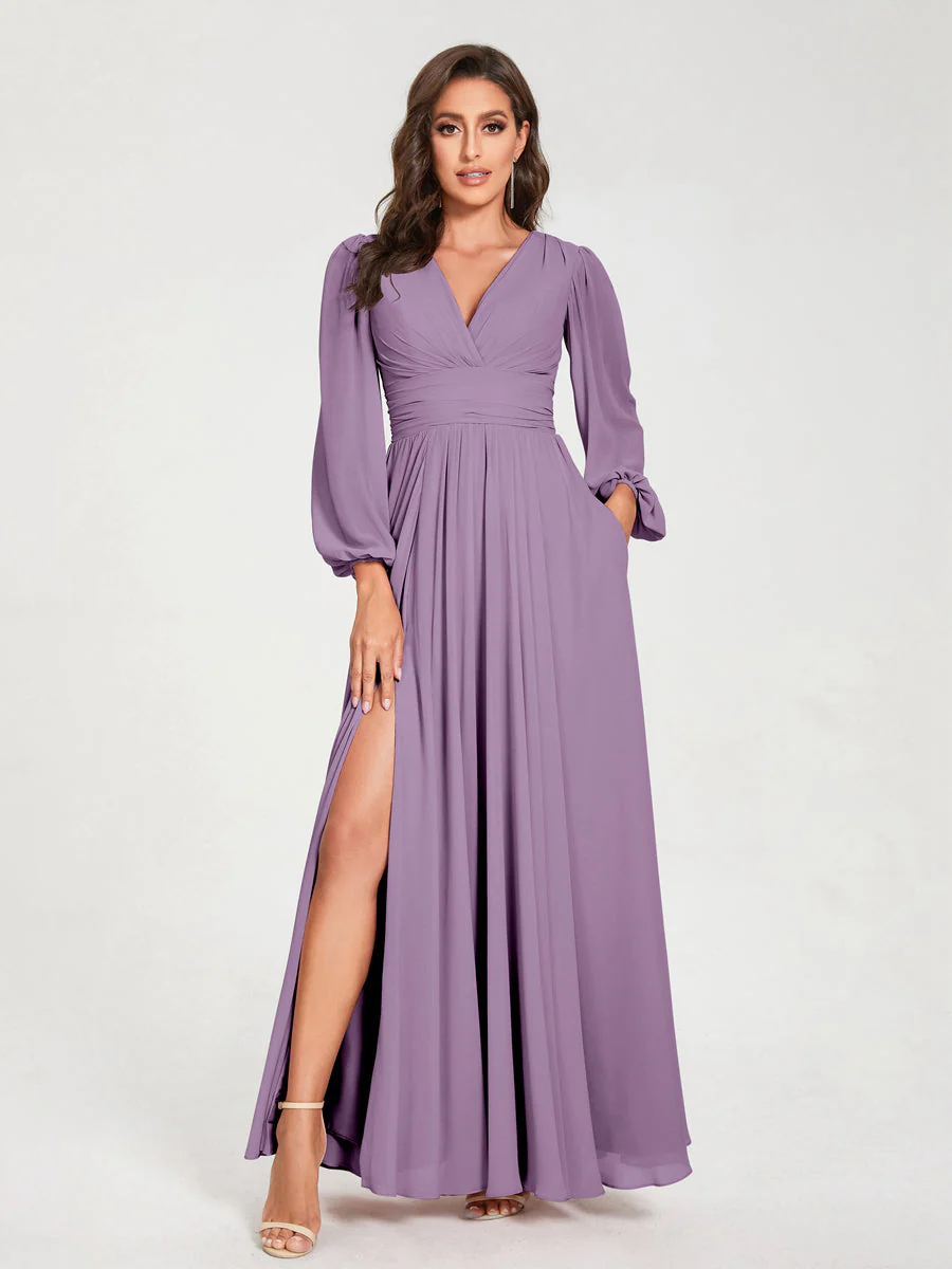 A-Line/Princess V-Neck Long Sleeves Split Side With Pockets Bridesmaid Dresses - Image 40
