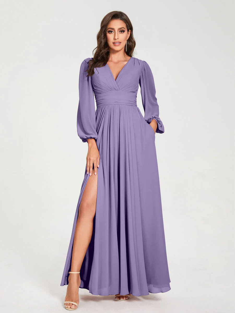 A-Line/Princess V-Neck Long Sleeves Split Side With Pockets Bridesmaid Dresses - Image 41