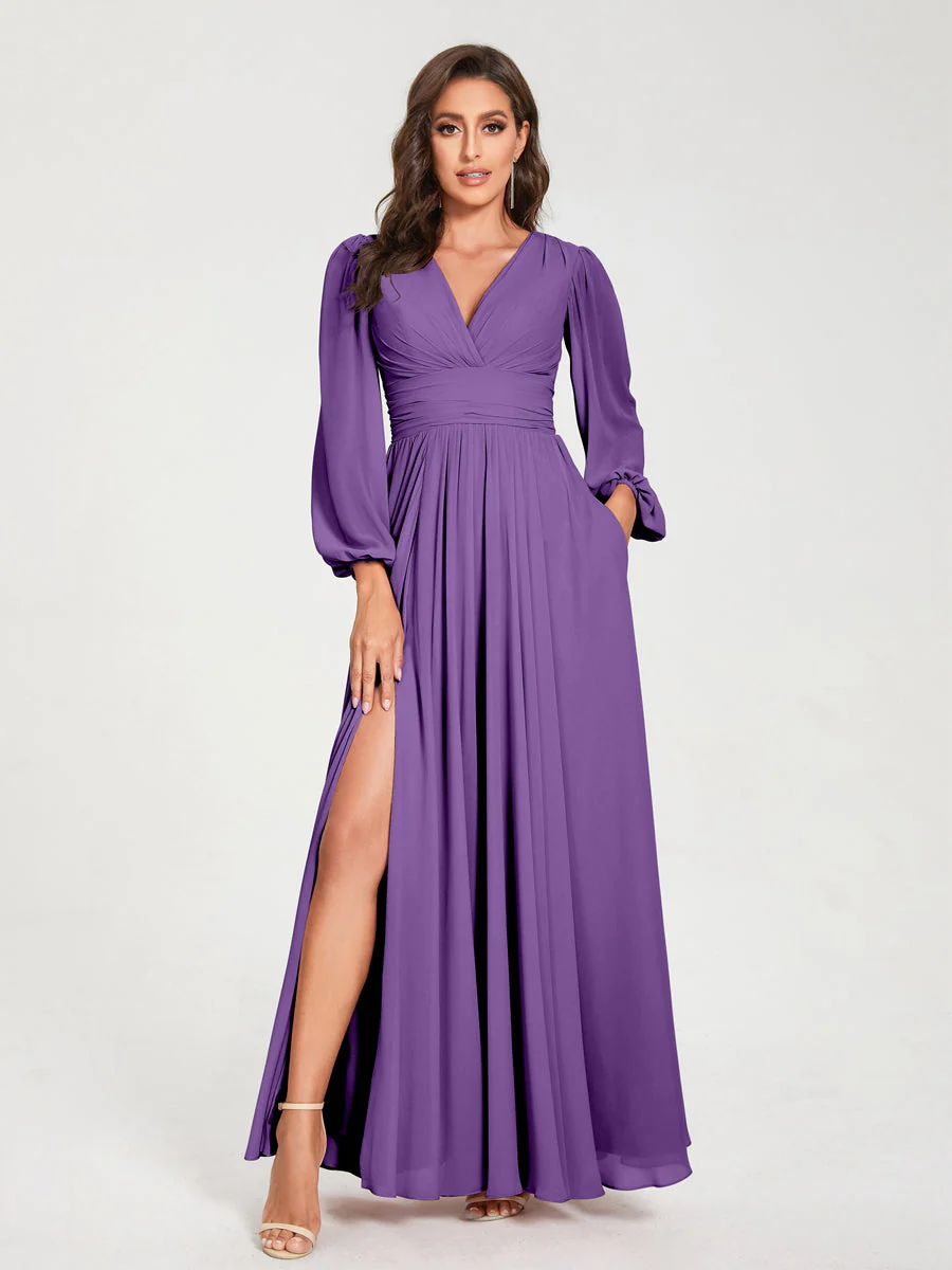 A-Line/Princess V-Neck Long Sleeves Split Side With Pockets Bridesmaid Dresses - Image 42