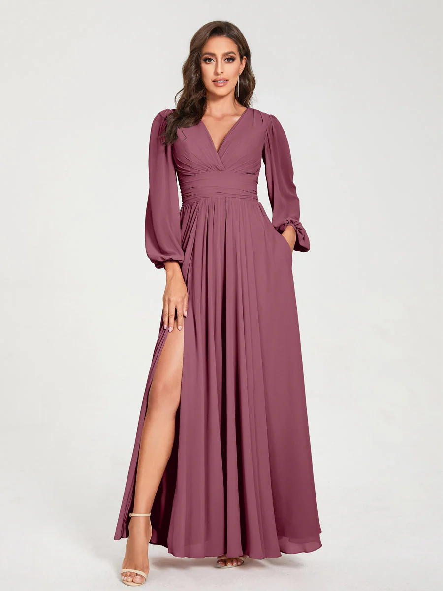 A-Line/Princess V-Neck Long Sleeves Split Side With Pockets Bridesmaid Dresses - Image 43