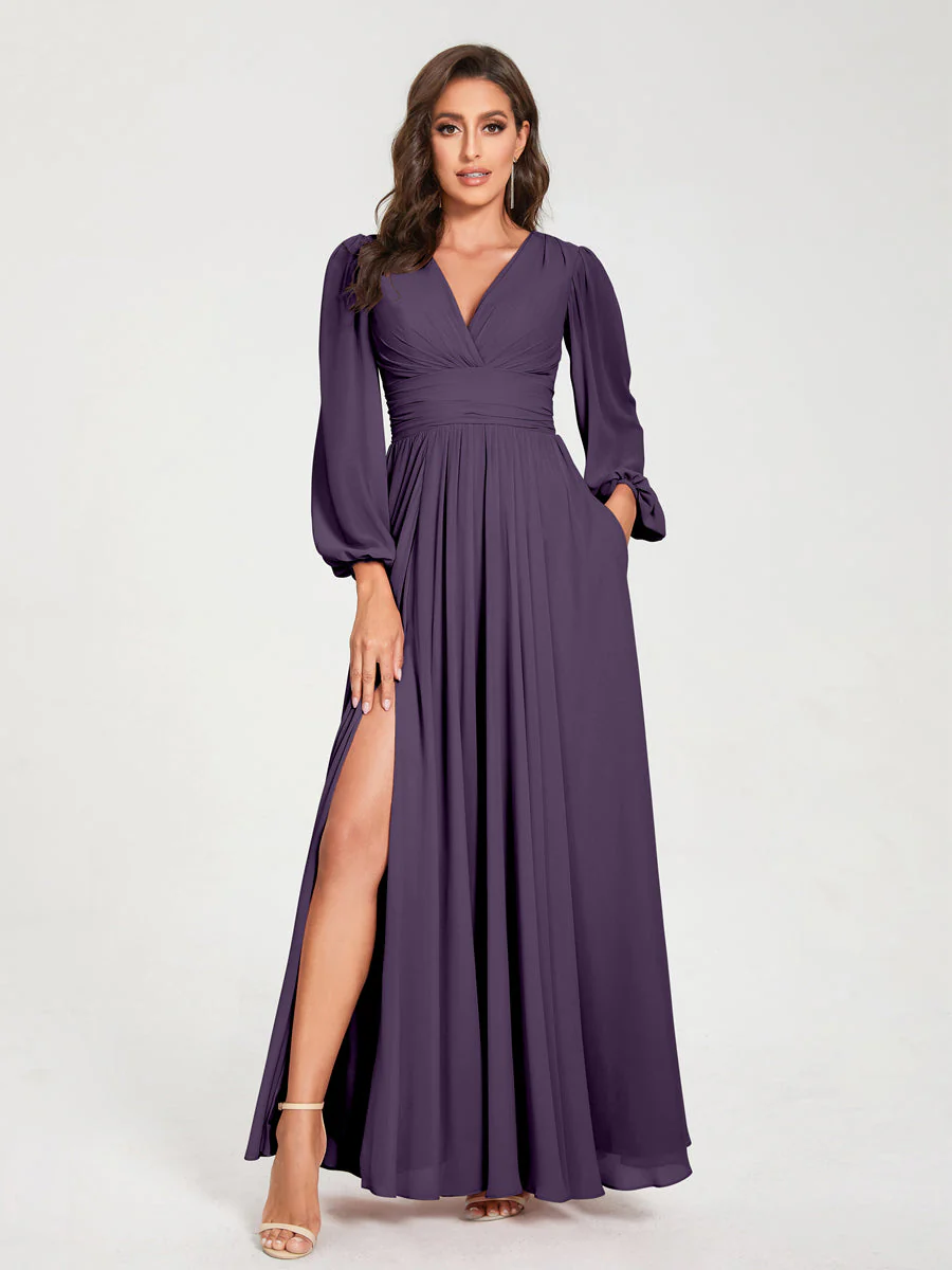 A-Line/Princess V-Neck Long Sleeves Split Side With Pockets Bridesmaid Dresses - Image 45