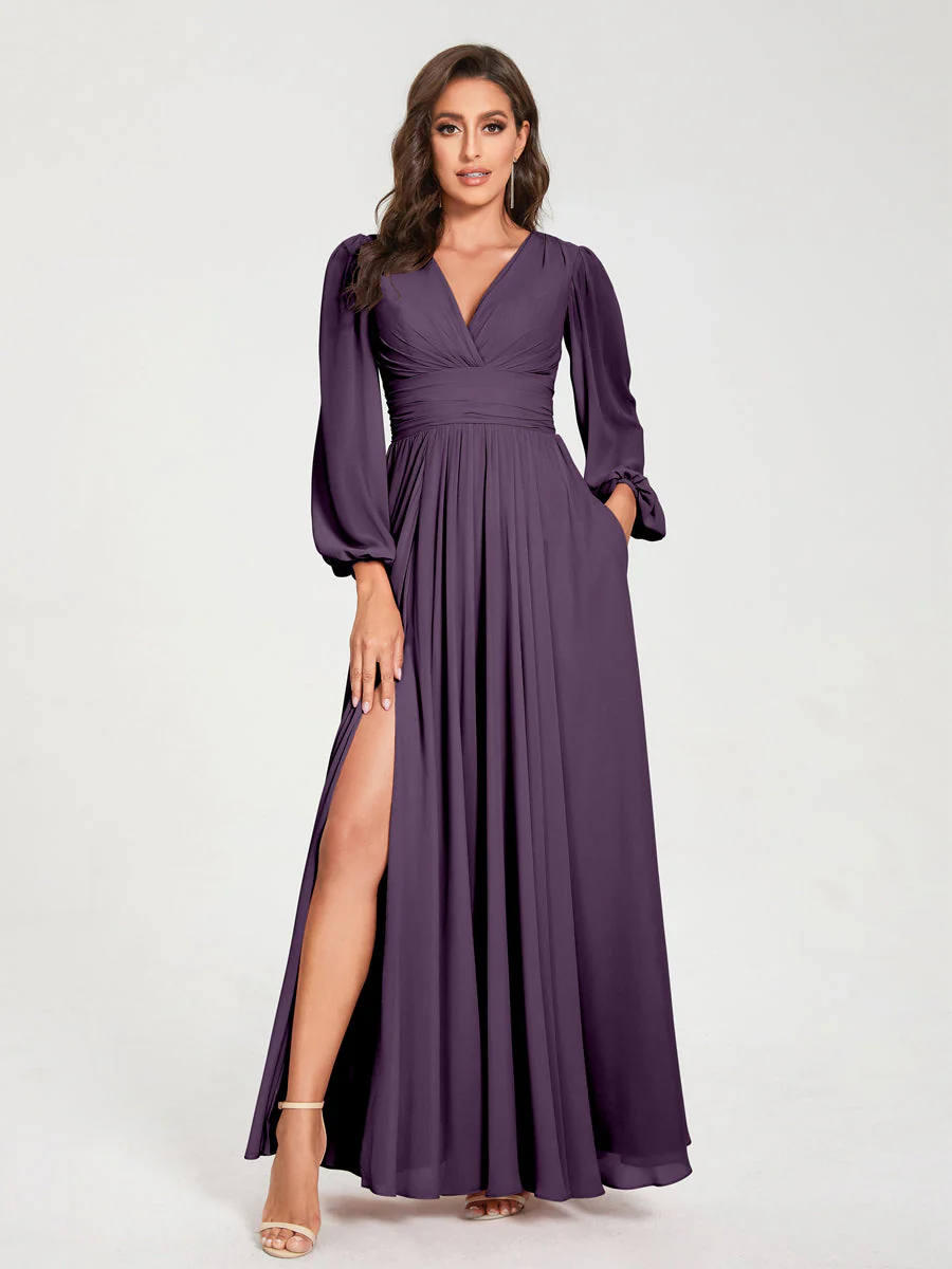 A-Line/Princess V-Neck Long Sleeves Split Side With Pockets Bridesmaid Dresses - Image 46