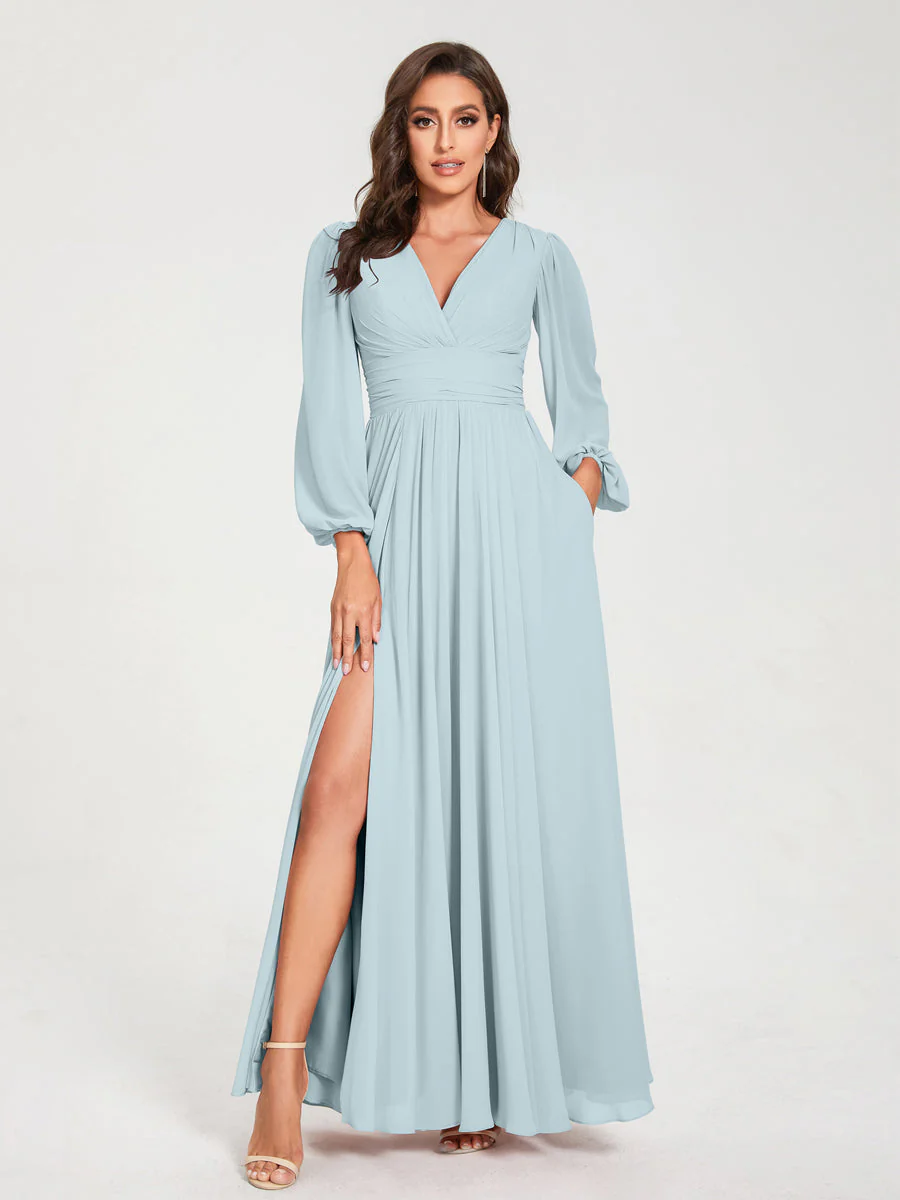 A-Line/Princess V-Neck Long Sleeves Split Side With Pockets Bridesmaid Dresses - Image 47