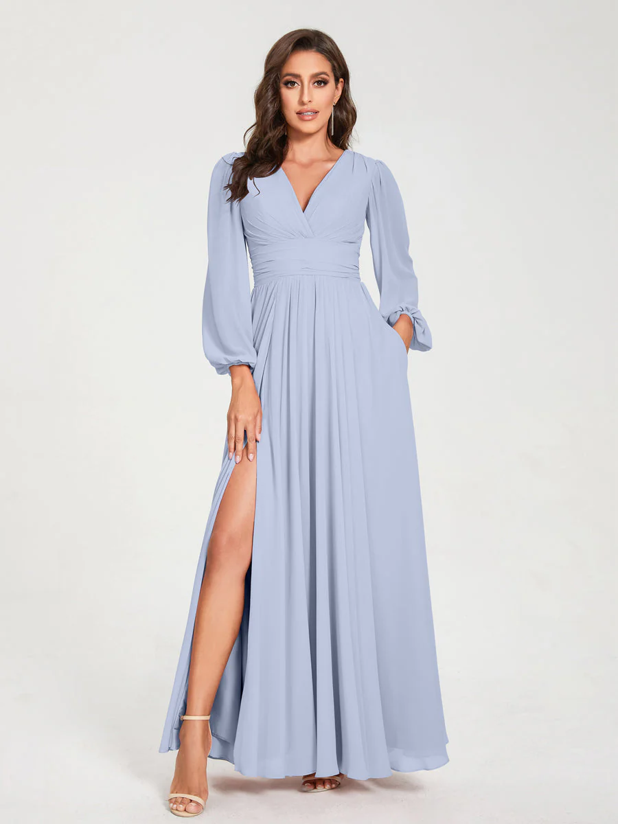 A-Line/Princess V-Neck Long Sleeves Split Side With Pockets Bridesmaid Dresses - Image 48