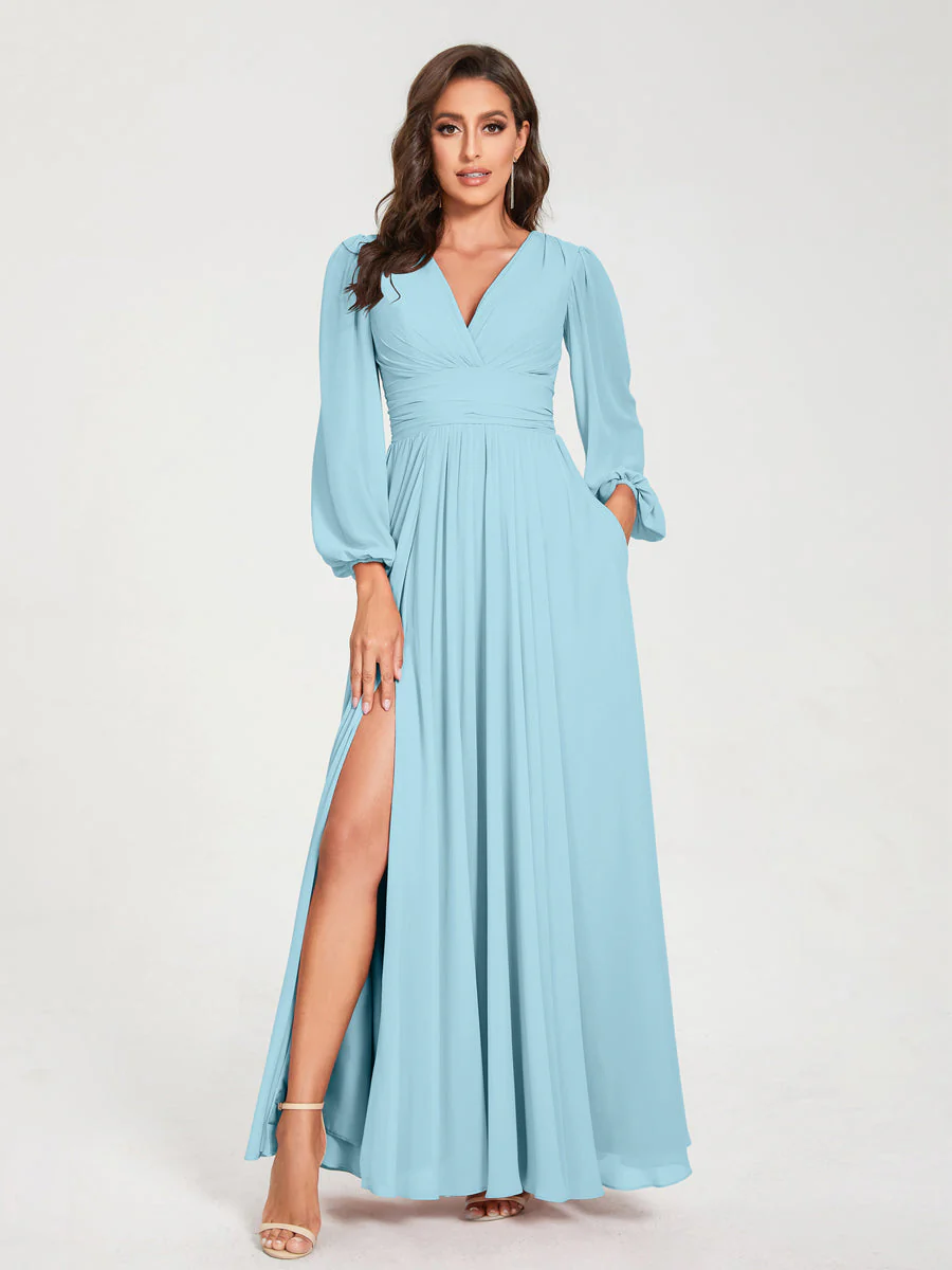 A-Line/Princess V-Neck Long Sleeves Split Side With Pockets Bridesmaid Dresses - Image 49
