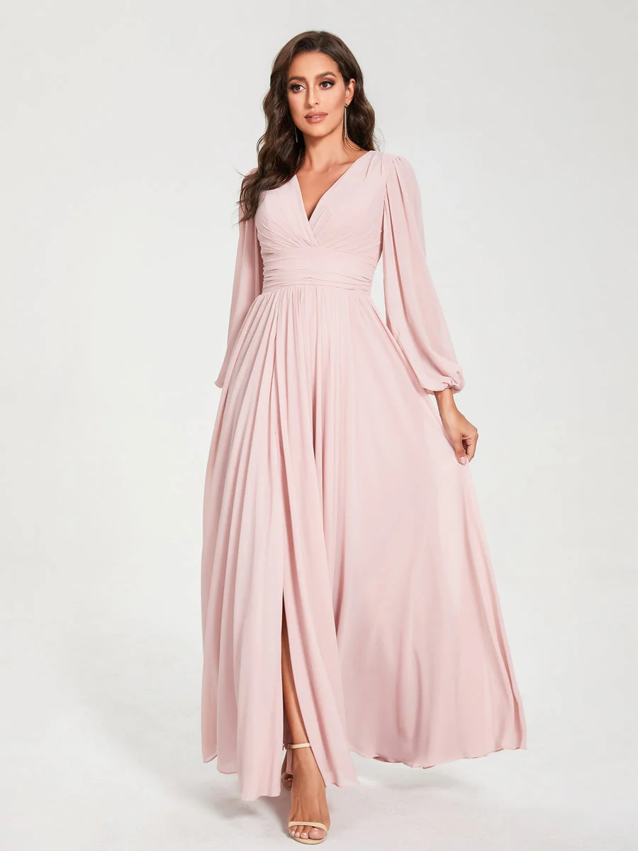 A-Line/Princess V-Neck Long Sleeves Split Side With Pockets Bridesmaid Dresses - Image 5