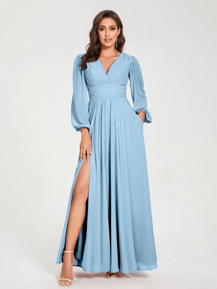 A-Line/Princess V-Neck Long Sleeves Split Side With Pockets Bridesmaid Dresses - Image 50