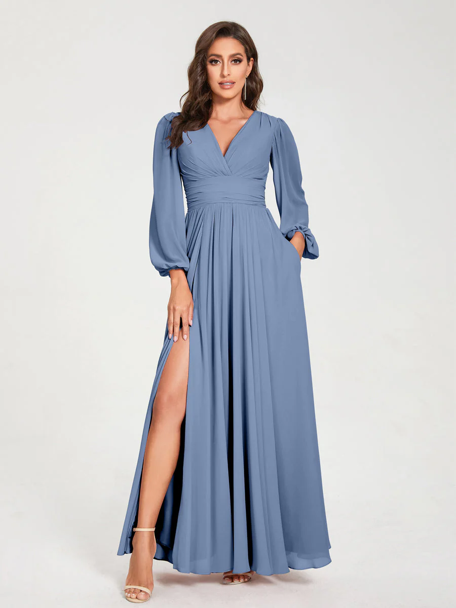 A-Line/Princess V-Neck Long Sleeves Split Side With Pockets Bridesmaid Dresses - Image 51