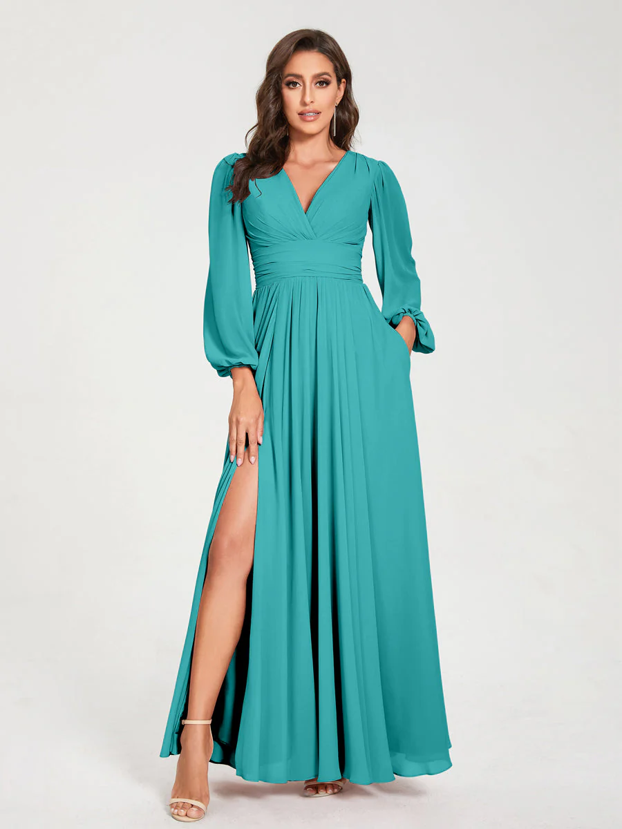 A-Line/Princess V-Neck Long Sleeves Split Side With Pockets Bridesmaid Dresses - Image 52