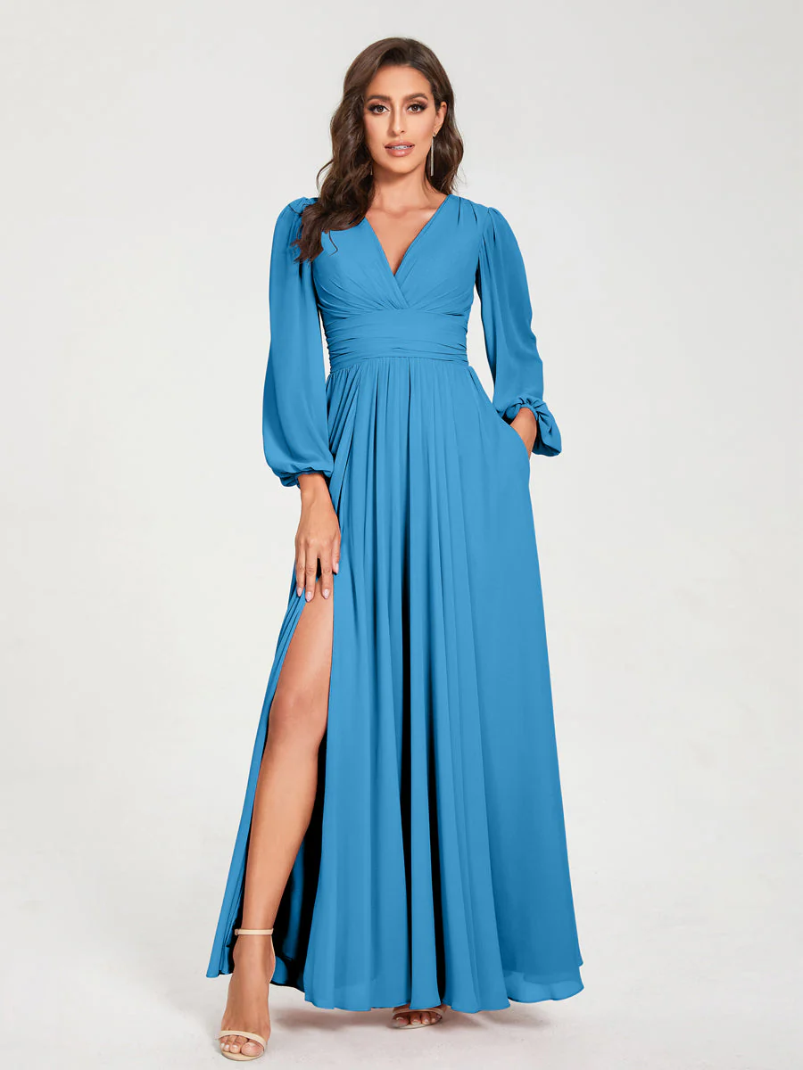 A-Line/Princess V-Neck Long Sleeves Split Side With Pockets Bridesmaid Dresses - Image 53