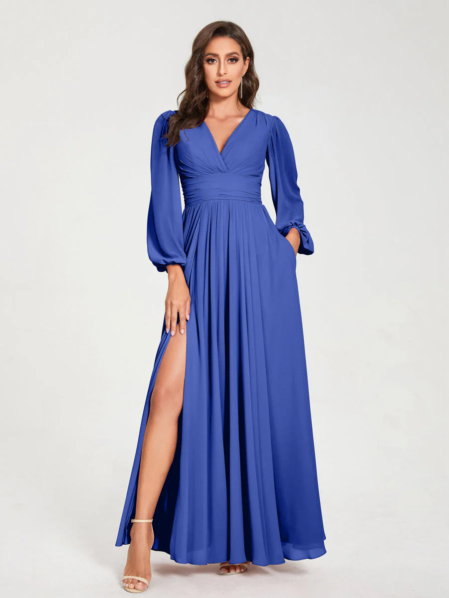 A-Line/Princess V-Neck Long Sleeves Split Side With Pockets Bridesmaid Dresses - Image 54