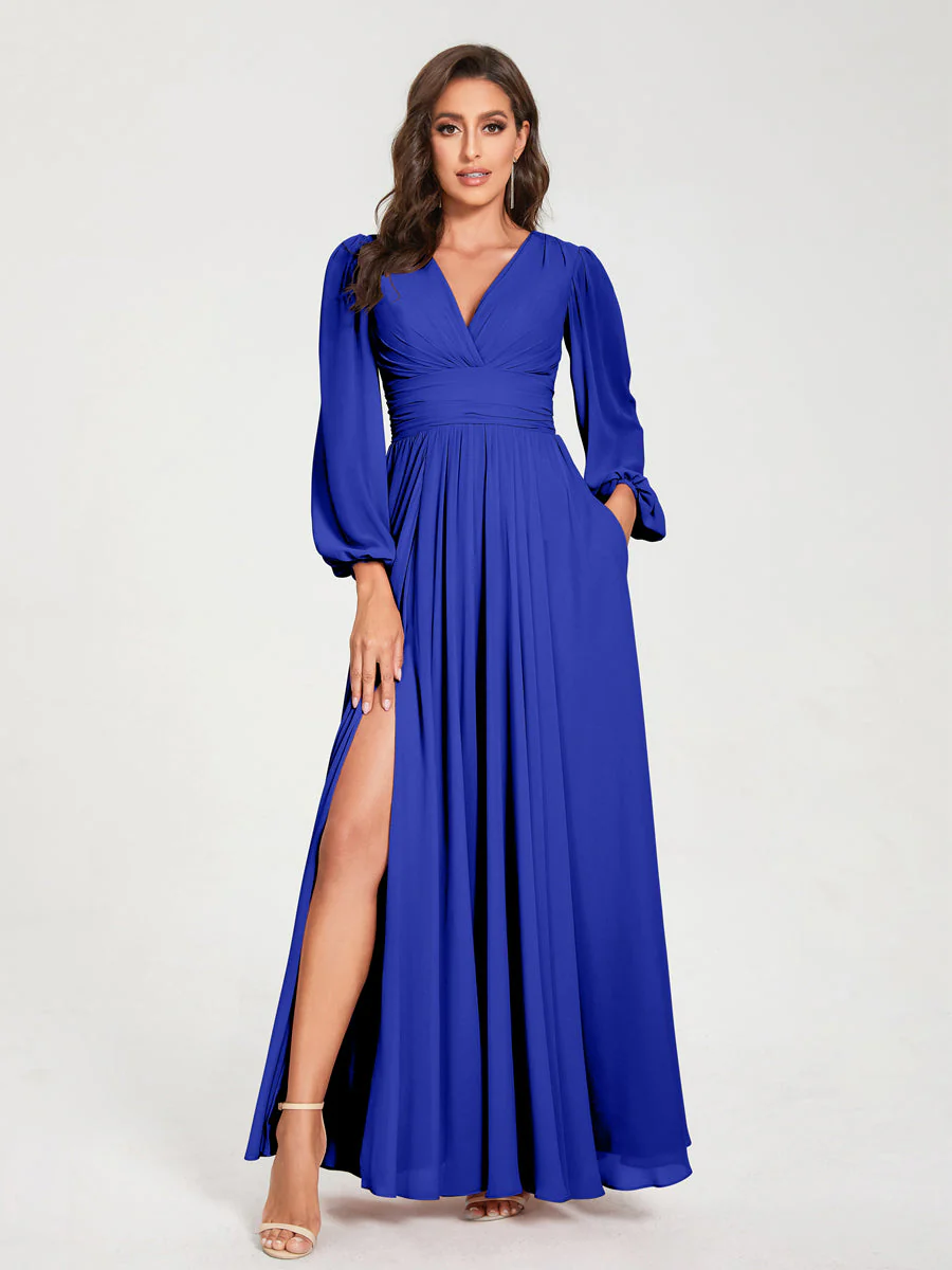 A-Line/Princess V-Neck Long Sleeves Split Side With Pockets Bridesmaid Dresses - Image 55