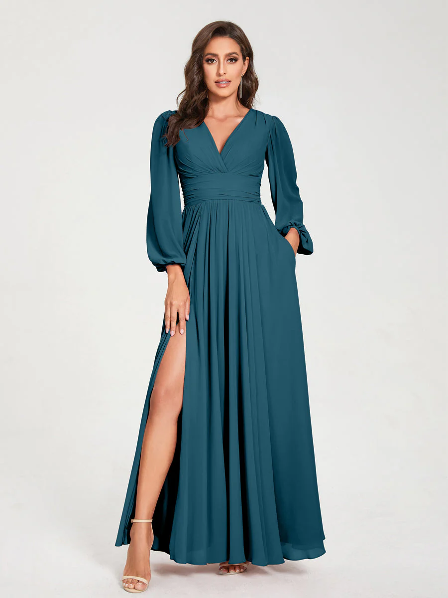 A-Line/Princess V-Neck Long Sleeves Split Side With Pockets Bridesmaid Dresses - Image 58