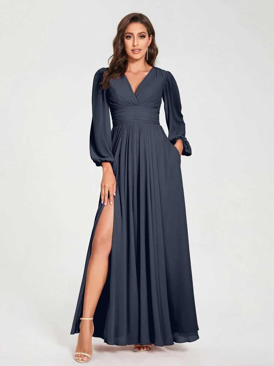 A-Line/Princess V-Neck Long Sleeves Split Side With Pockets Bridesmaid Dresses - Image 59