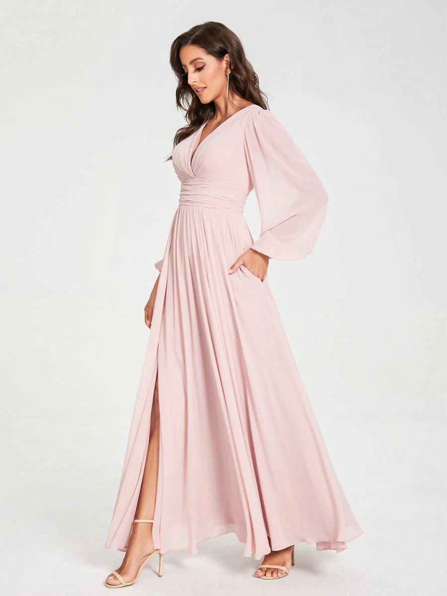 A-Line/Princess V-Neck Long Sleeves Split Side With Pockets Bridesmaid Dresses - Image 6