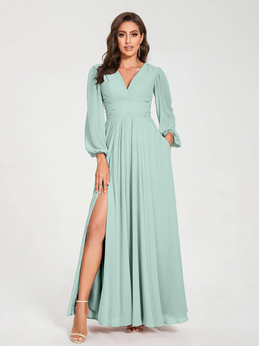 A-Line/Princess V-Neck Long Sleeves Split Side With Pockets Bridesmaid Dresses - Image 60