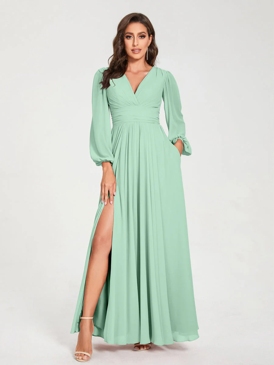 A-Line/Princess V-Neck Long Sleeves Split Side With Pockets Bridesmaid Dresses - Image 61