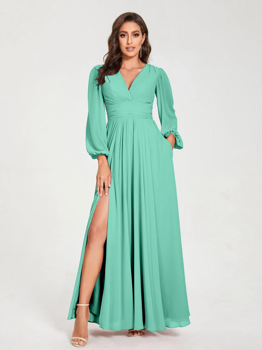 A-Line/Princess V-Neck Long Sleeves Split Side With Pockets Bridesmaid Dresses - Image 62