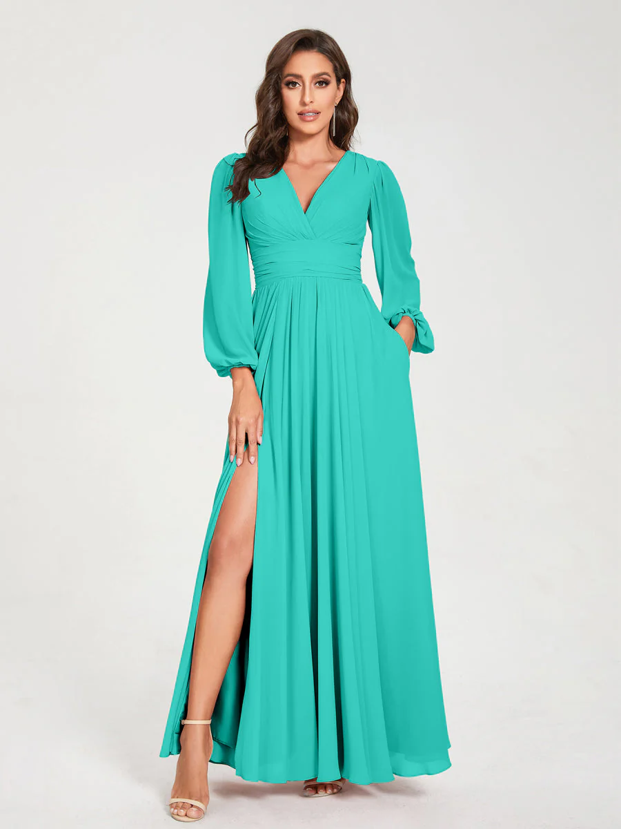 A-Line/Princess V-Neck Long Sleeves Split Side With Pockets Bridesmaid Dresses - Image 63