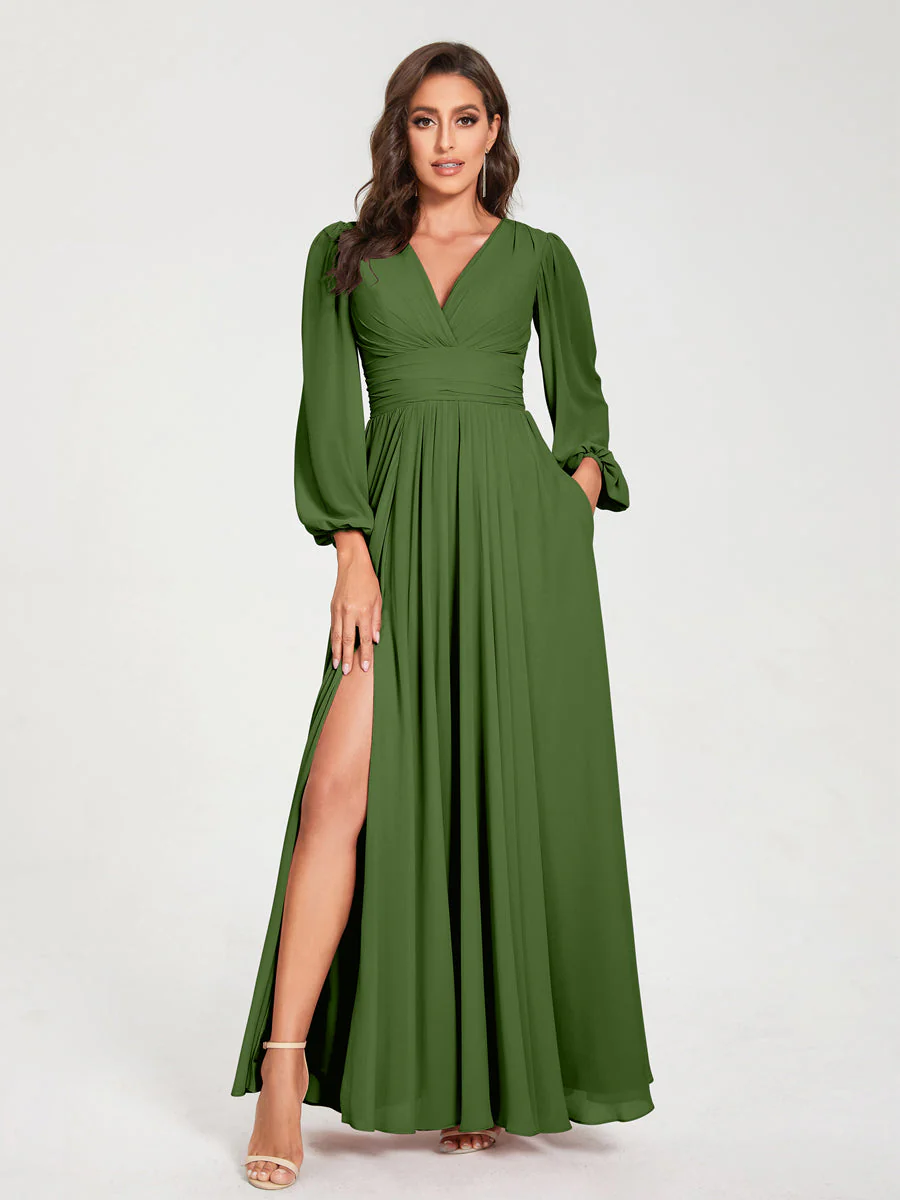 A-Line/Princess V-Neck Long Sleeves Split Side With Pockets Bridesmaid Dresses - Image 65