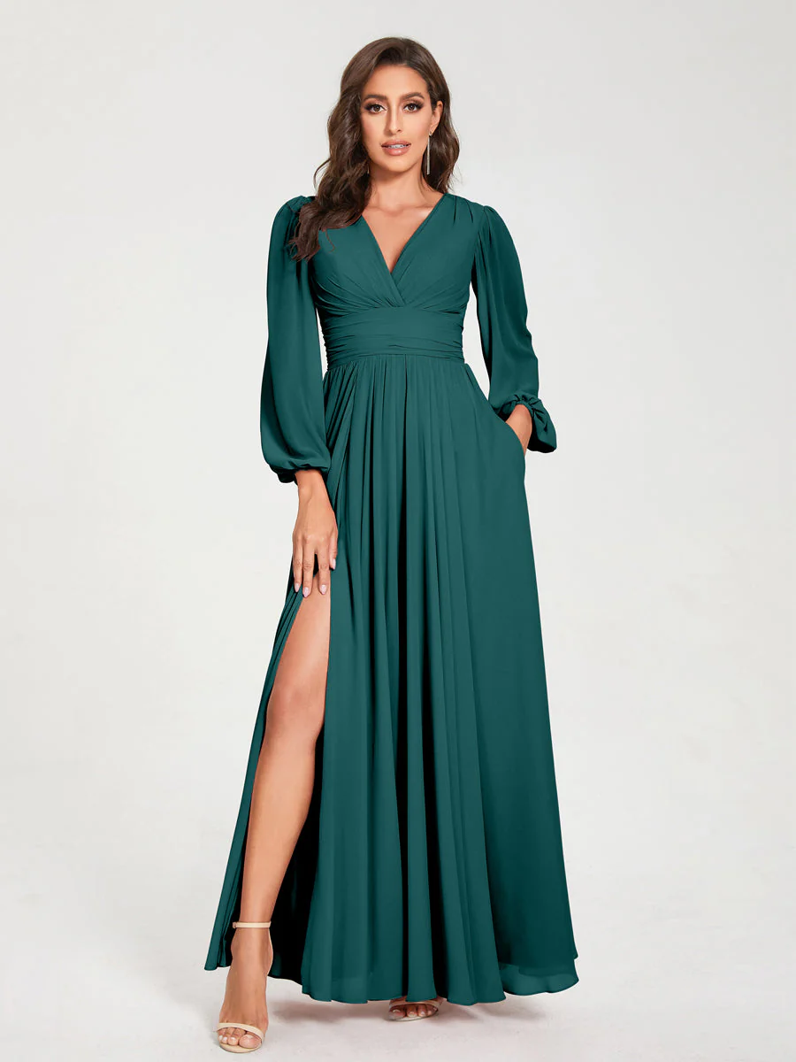 A-Line/Princess V-Neck Long Sleeves Split Side With Pockets Bridesmaid Dresses - Image 66
