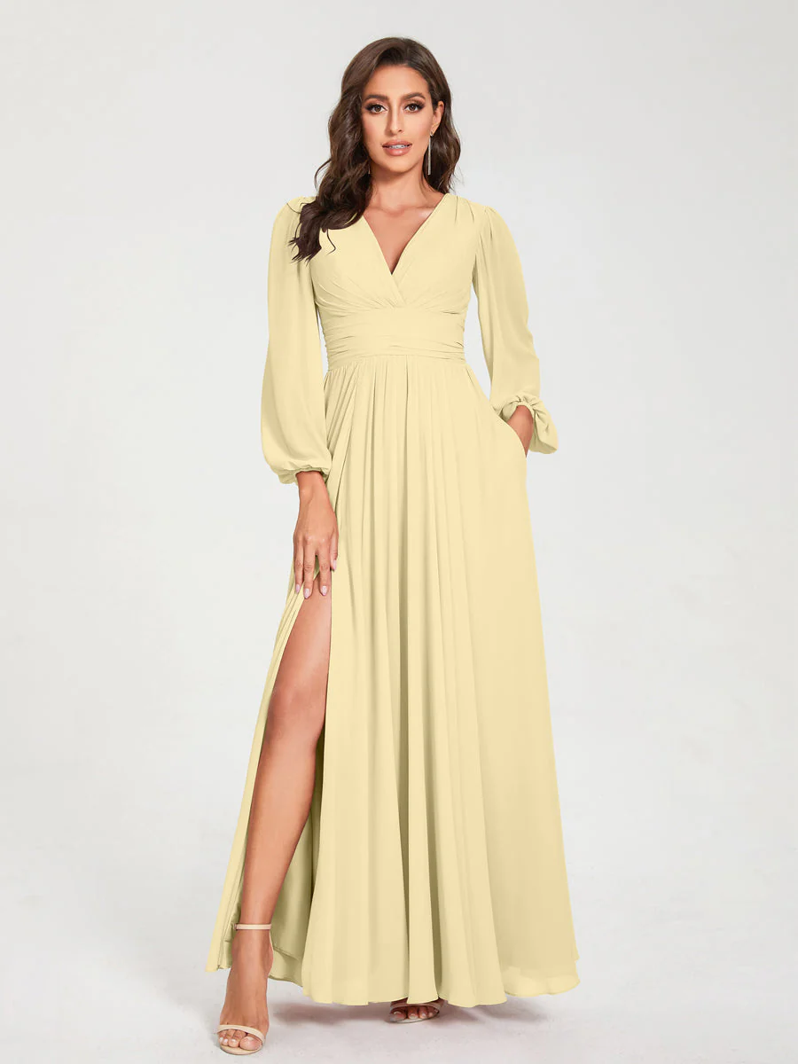A-Line/Princess V-Neck Long Sleeves Split Side With Pockets Bridesmaid Dresses - Image 68