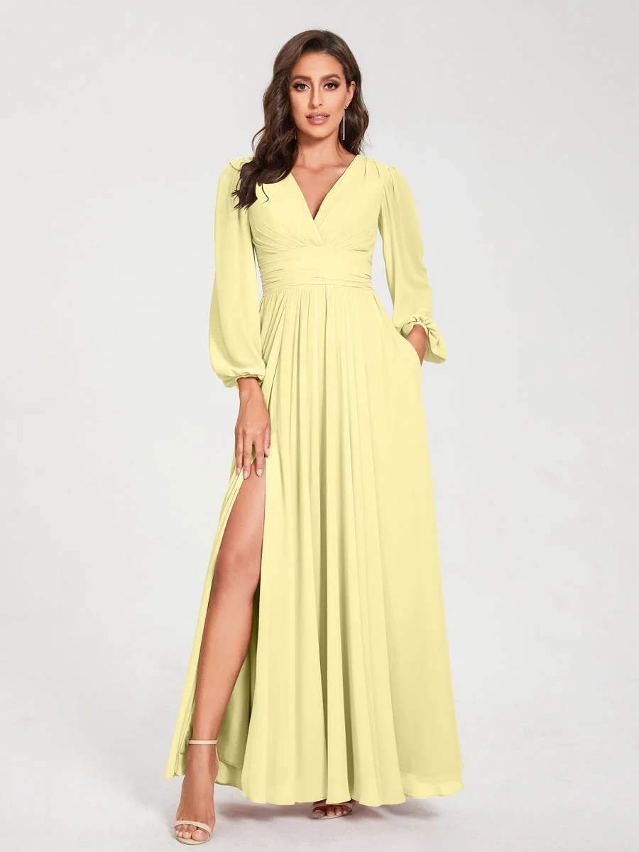 A-Line/Princess V-Neck Long Sleeves Split Side With Pockets Bridesmaid Dresses - Image 69