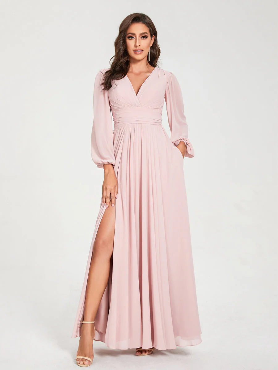 A-Line/Princess V-Neck Long Sleeves Split Side With Pockets Bridesmaid Dresses - Image 7