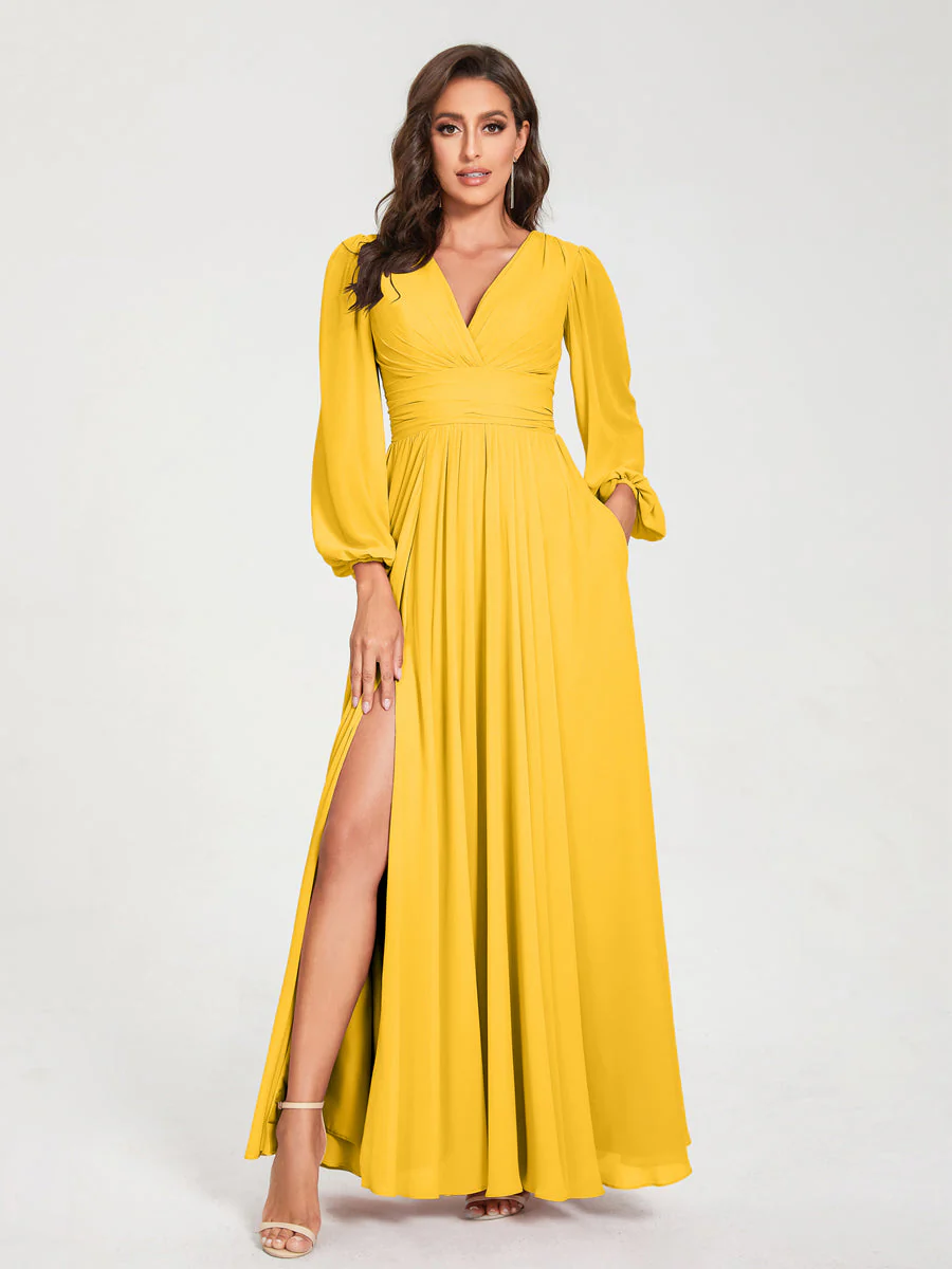 A-Line/Princess V-Neck Long Sleeves Split Side With Pockets Bridesmaid Dresses - Image 71