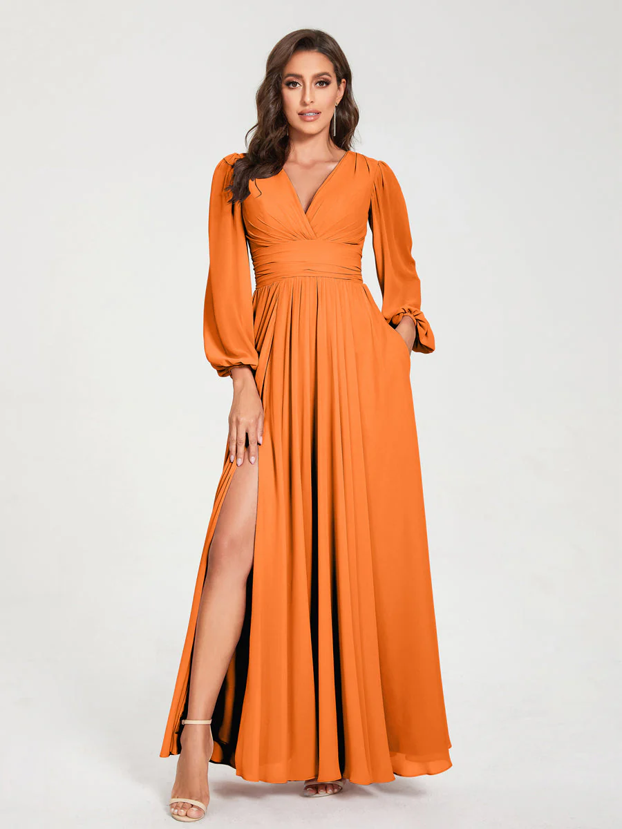 A-Line/Princess V-Neck Long Sleeves Split Side With Pockets Bridesmaid Dresses - Image 72