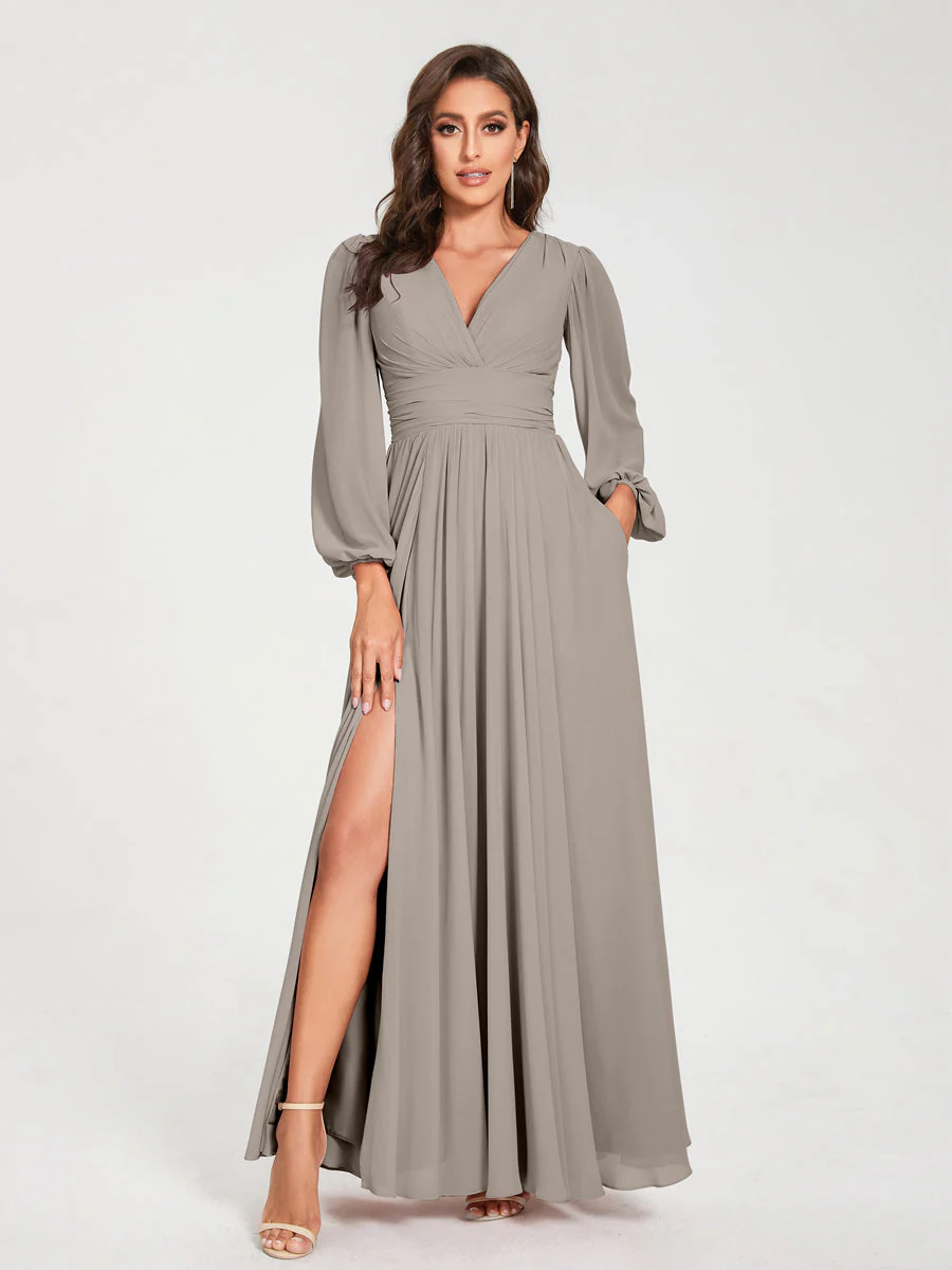 A-Line/Princess V-Neck Long Sleeves Split Side With Pockets Bridesmaid Dresses - Image 73