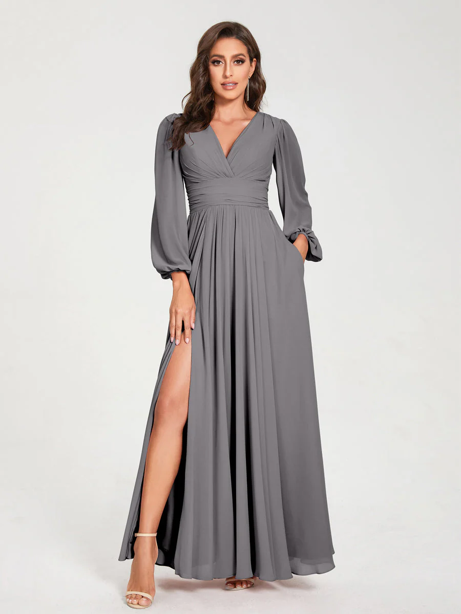 A-Line/Princess V-Neck Long Sleeves Split Side With Pockets Bridesmaid Dresses - Image 74