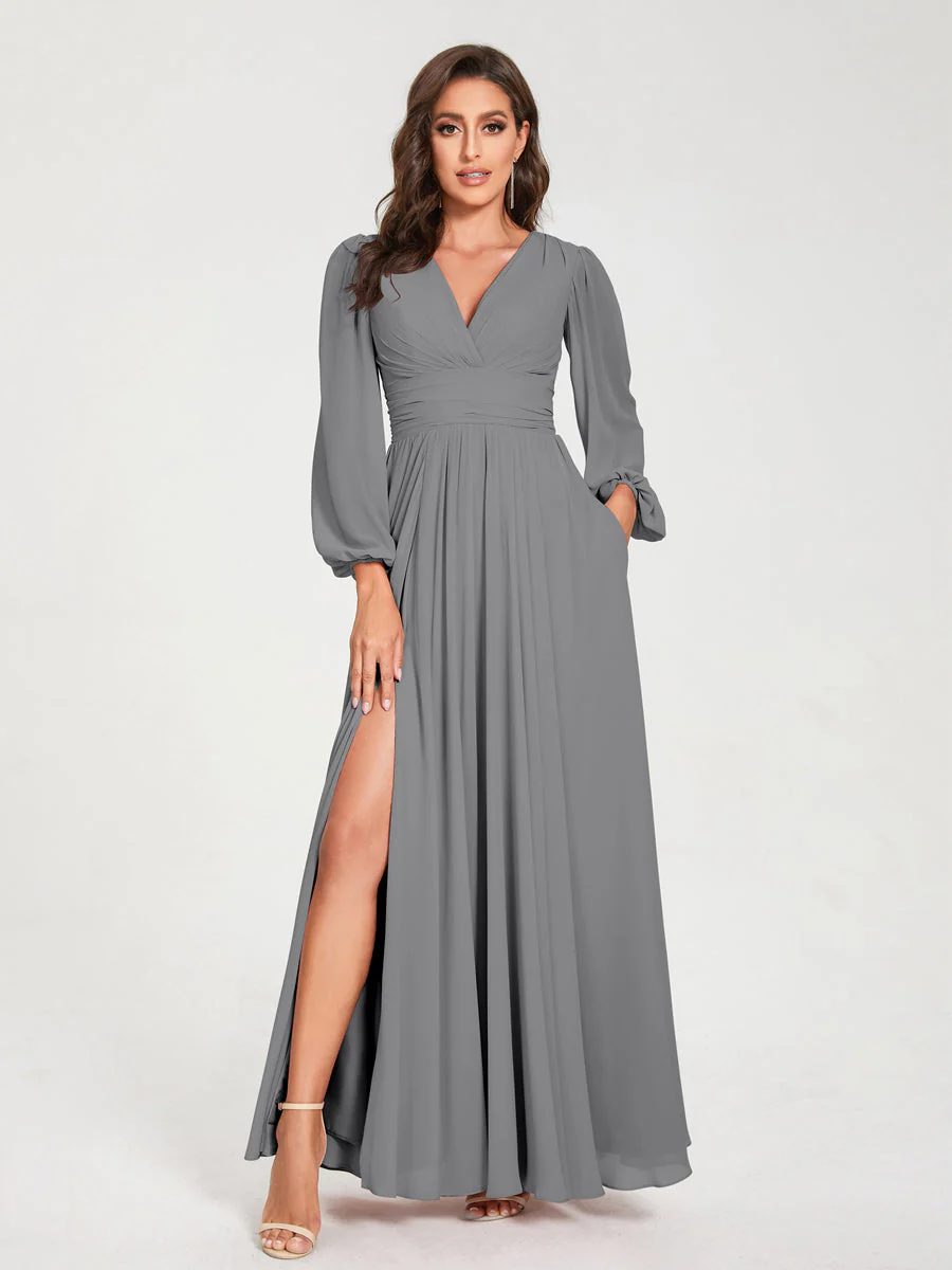 A-Line/Princess V-Neck Long Sleeves Split Side With Pockets Bridesmaid Dresses - Image 75