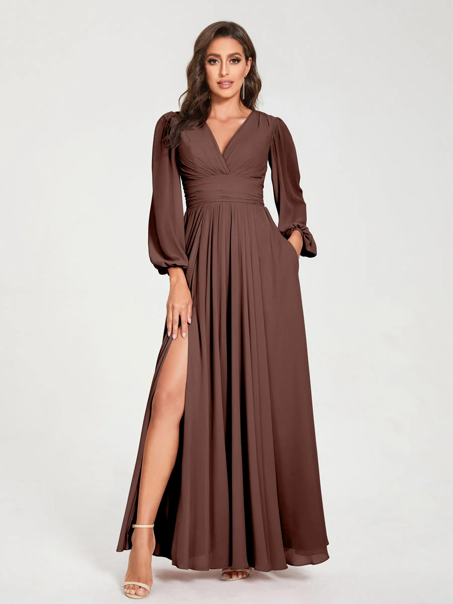 A-Line/Princess V-Neck Long Sleeves Split Side With Pockets Bridesmaid Dresses - Image 76