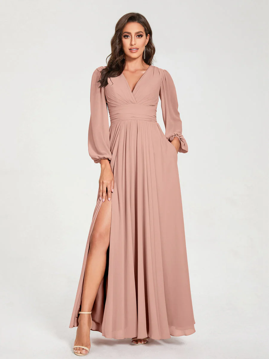 A-Line/Princess V-Neck Long Sleeves Split Side With Pockets Bridesmaid Dresses - Image 8