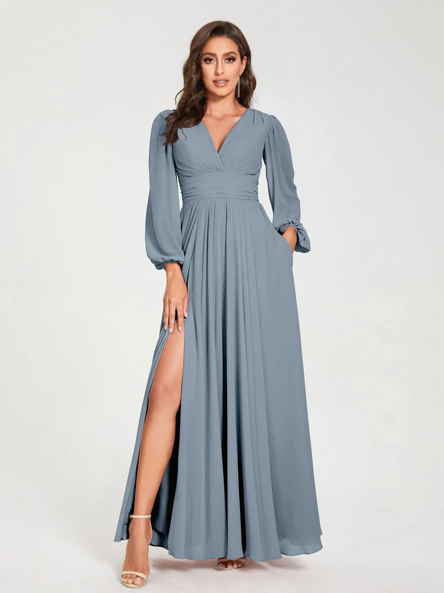 A-Line/Princess V-Neck Long Sleeves Split Side With Pockets Bridesmaid Dresses - Image 9