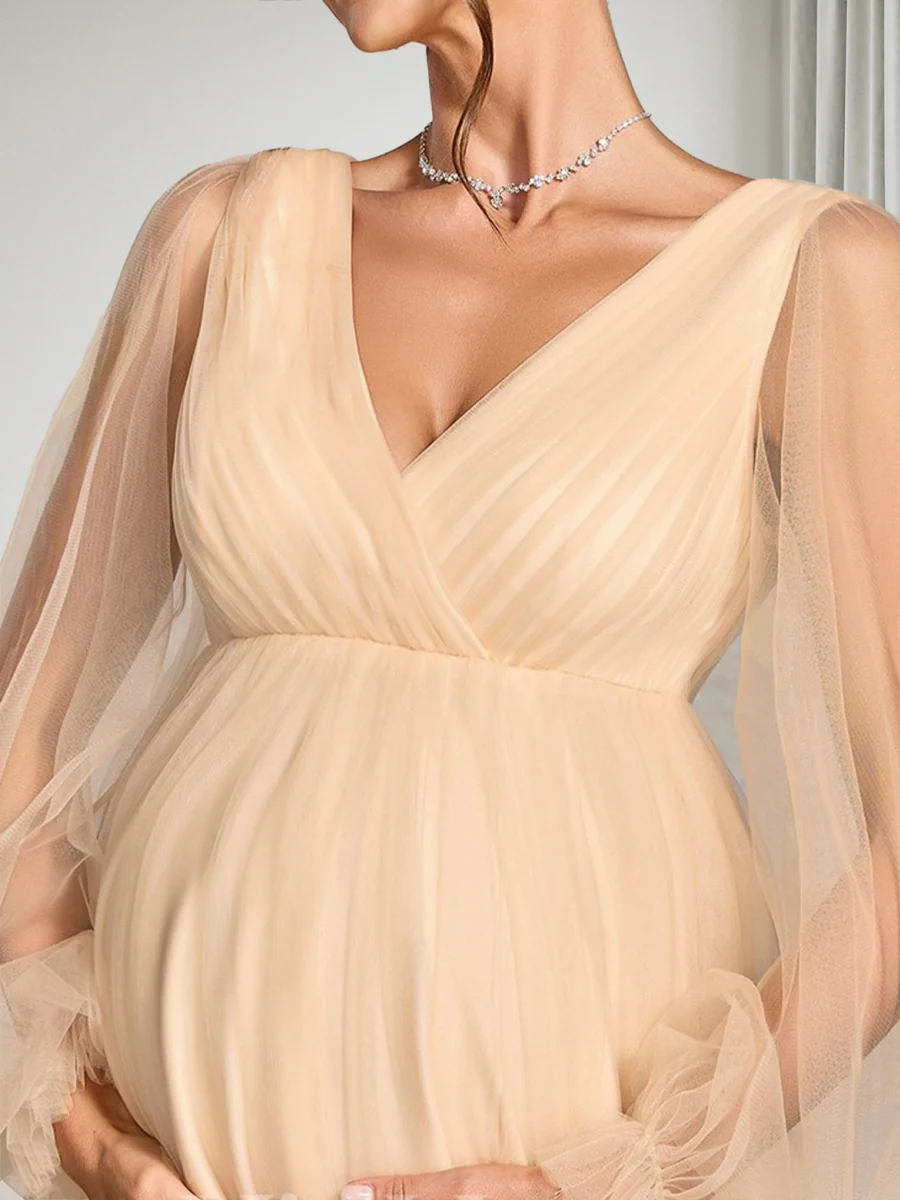 A-Line/Princess V-Neck Long Sleeves Tulle Floor-Length Baby Shower Wedding Guest Dresses with Ruched - Image 4