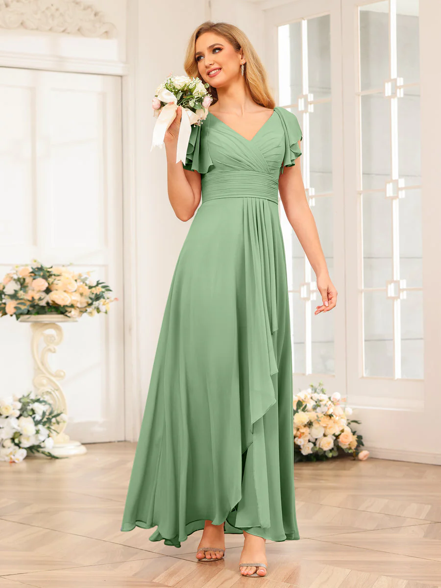 A-Line/Princess V-Neck Long Wedding Party Dresses with Ruffles - Image 18