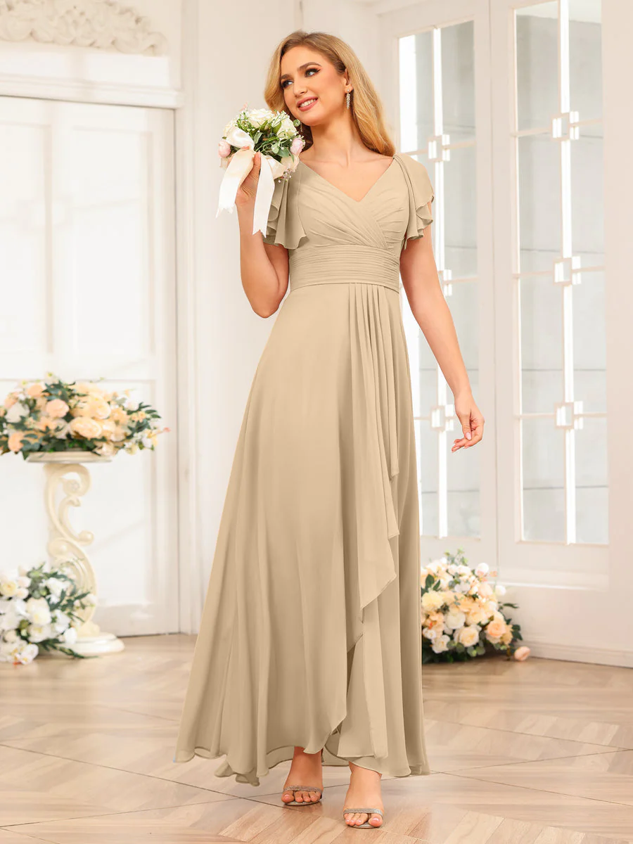 A-Line/Princess V-Neck Long Wedding Party Dresses with Ruffles - Image 26