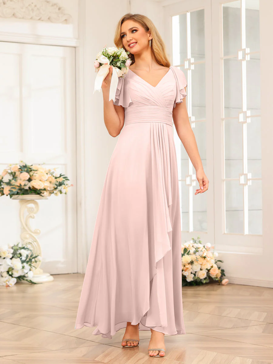 A-Line/Princess V-Neck Long Wedding Party Dresses with Ruffles - Image 29